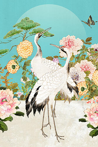 Elegant Cranes and Peonies Art Print