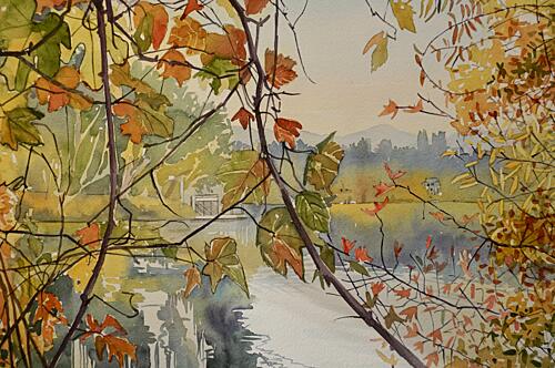 Autumn Leaves over Water Gold Print