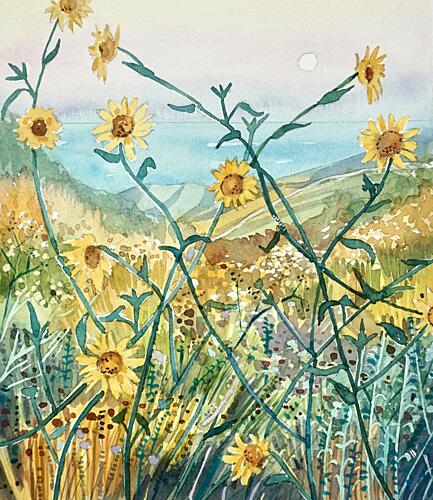 Sunny Wildflowers Ocean View Art Print