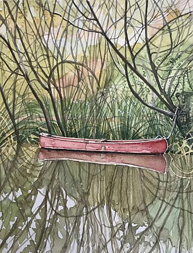 Red Canoe Reflections Art Print