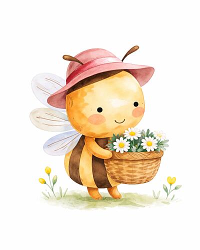 Cute Bee Daisy Basket Art Print