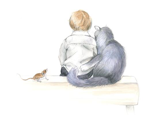 Boy and Cat Share a Story Art Print