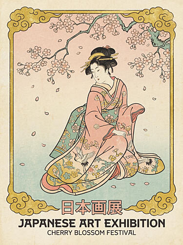 Kimono Woman Sakura Blossoms Gold Print