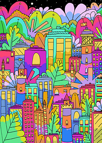 Playful Cityscape Night Art Print