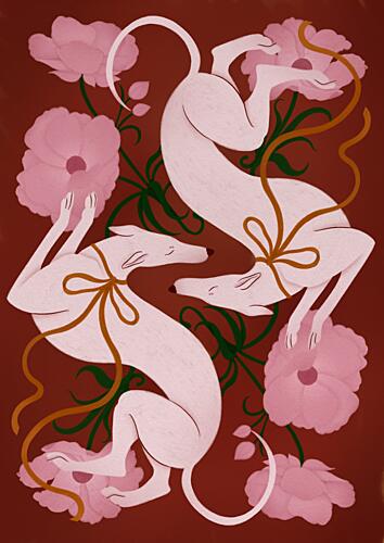 Elegant Greyhounds and Flowers Art Print by Ida Alvarsson