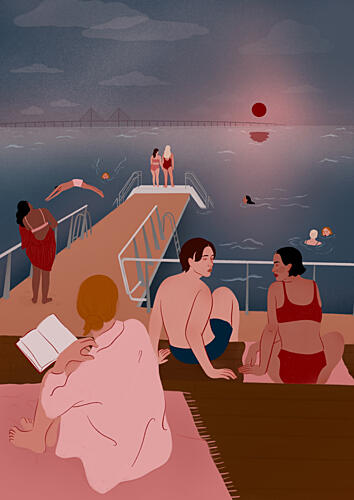 Evening Swim at Pier Art Print by Ida Alvarsson