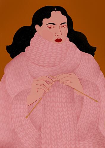 Cozy Pink Sweater Knitter Art Print by Ida Alvarsson