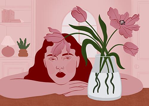 Pensive Woman and Tulips Art Print by Ida Alvarsson