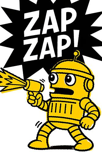 Yellow Robot Zap Action Art Print by Erm