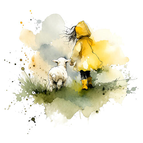 Child in Yellow Raincoat Walking with Lamb Art Print