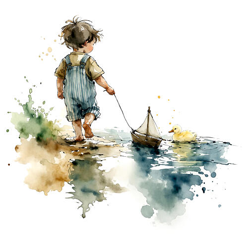 Little Boy Duck Play Art Print