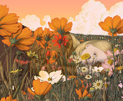 Blonde Girl in Flowers Art Print