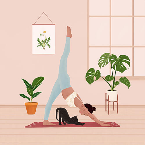 Peaceful Yoga with Cat Art déco reproduction