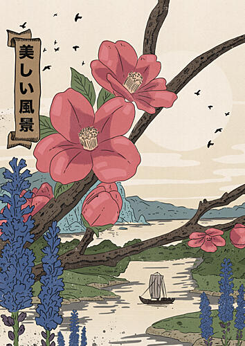 Serene Camellia Landscape Art déco reproduction
