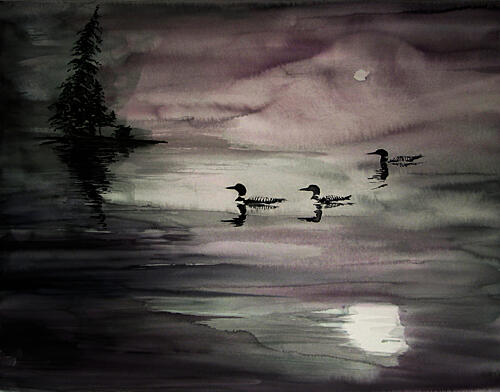Loons on a Moonlit Lake Art Print