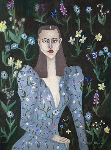 Elegant Woman Wildflowers Art déco reproduction