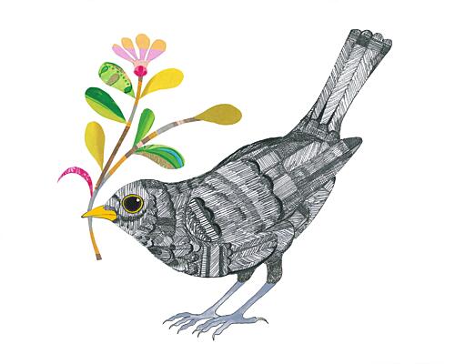 Whimsical Bird with Flower Art déco reproduction