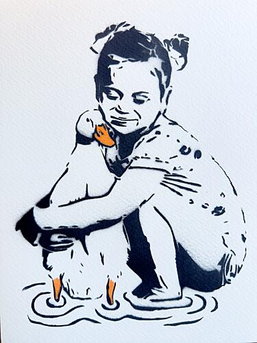 Smiling Girl Hugging Duck Art déco reproduction