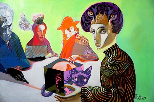 Enigmatic Figures and a Cat Art déco reproduction