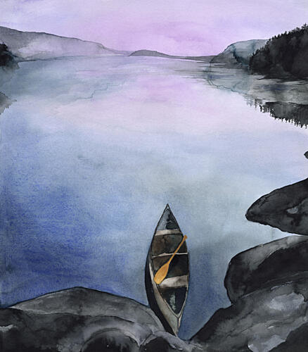 Serene Mountain Lake Canoe Art Print