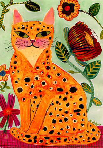Whimsical Spotted Cat Art déco reproduction