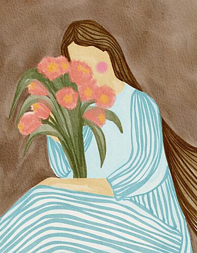 Shy Woman Pink Tulips Art déco reproduction