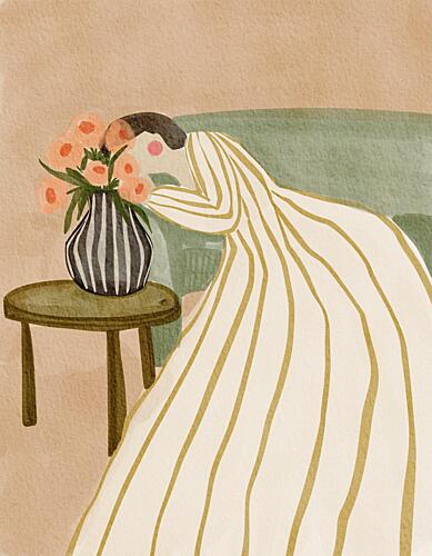 Woman Admiring Flowers Art déco reproduction