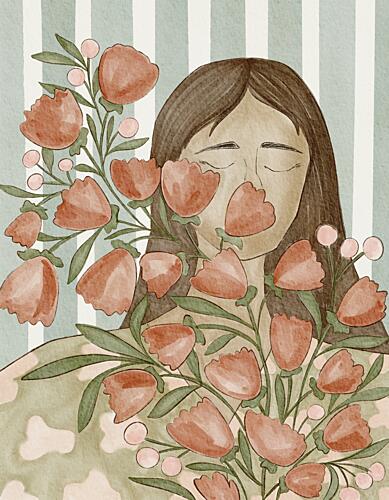 Serene Woman with Flowers Art Print
