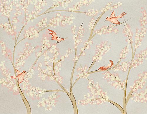 Pink Birds Spring Blossoms Art déco reproduction
