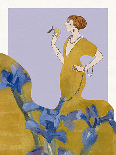 Golden Flapper Amidst Irises Art déco reproduction