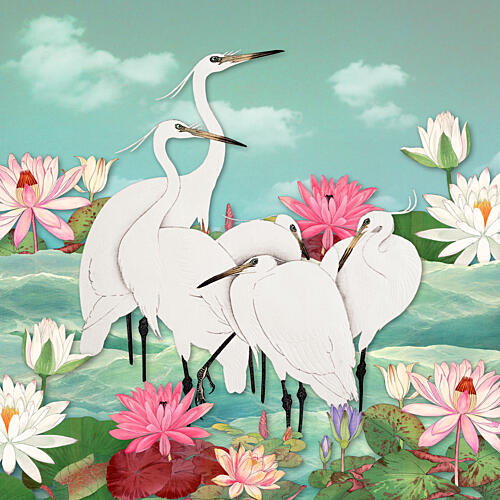 White Egrets Lotus Pond Art déco reproduction