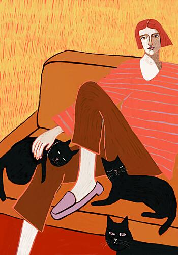 Woman and Black Cats Art déco reproduction
