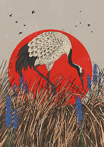 Red-Crowned Crane Serenity Art déco reproduction