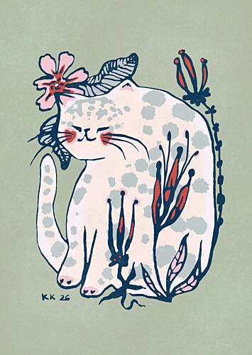 Peaceful Floral Cat Art déco reproduction