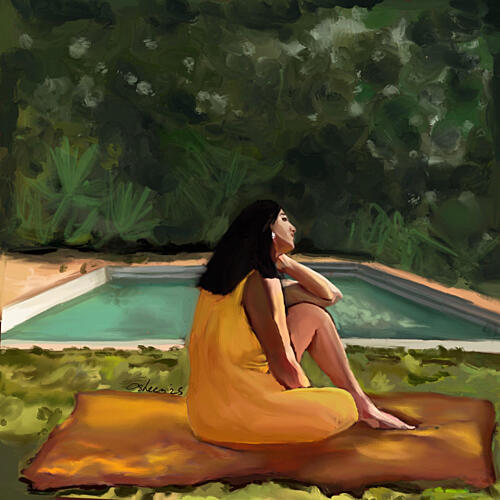 Woman Relaxing Poolside Art Print by Osheensgallery