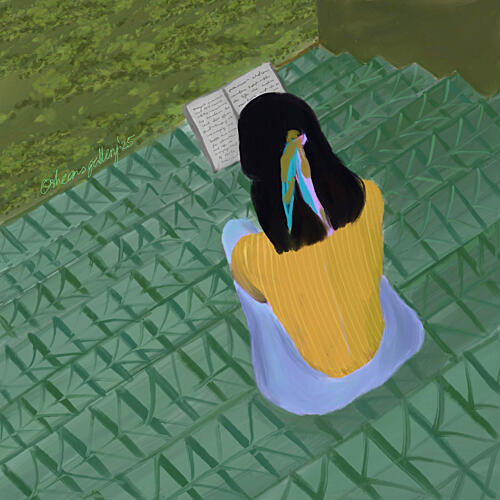 Girl Reading on Stairs Art déco reproduction