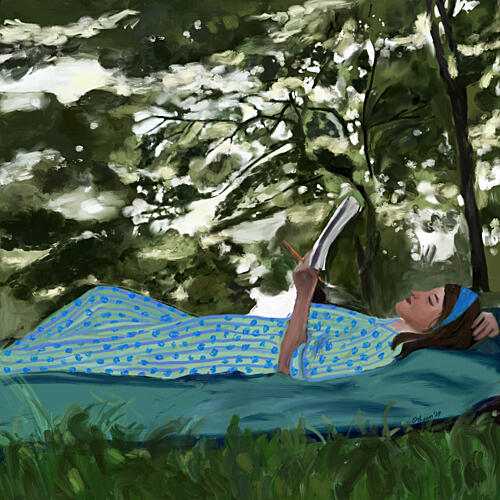 Woman Reading Outdoors Art Print by Osheensgallery