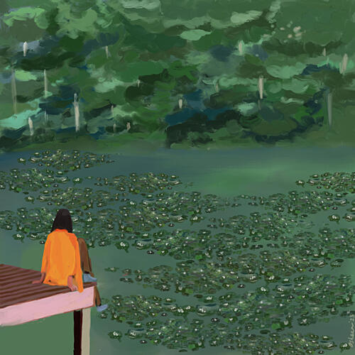 Girl Watching Lily Pad Lake Art Print by Osheensgallery