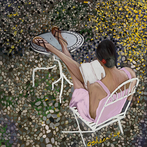 Peaceful Garden Reading Art Print by Osheensgallery