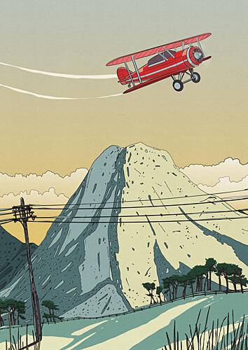 Red Biplane Mountain Flight Art Print