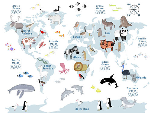 Playful World Map Animals Art déco reproduction