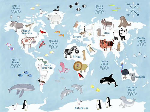 Cute Animal World Map Art déco reproduction