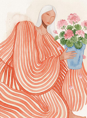 Serene Woman Pink Flowers Art déco reproduction