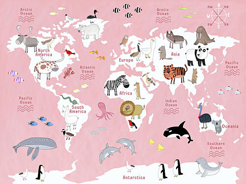 Kids Animal World Map Art déco reproduction