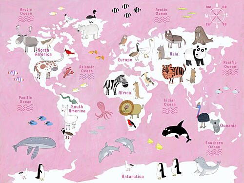 Cute Animals World Map Art déco reproduction