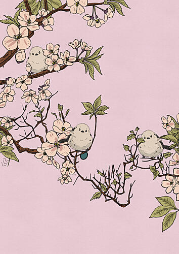 Spring Birds and Cherry Blossoms Art déco reproduction