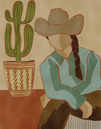 Desert Cowgirl and Cactus Art déco reproduction