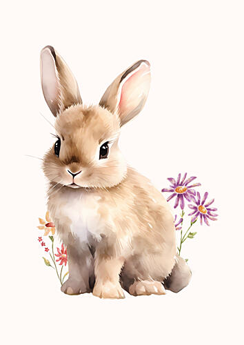 Sweet Bunny Among Flowers Art déco reproduction