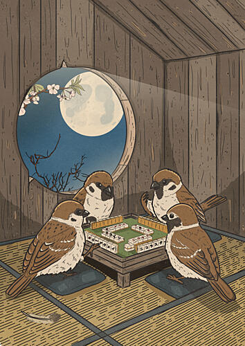 Japanese Sparrows Mahjong Art Print