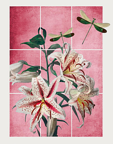 Pink Lilies and Dragonflies Art déco reproduction